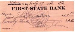AMERİKAN FIRST STATE BANK NORTH DAKOTA BANKA ÇEKİ  VELVA 1916