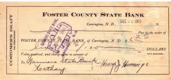 AMERİKAN FOSTER COUNTY STATE BANK NORTH DAKOTA BANKA ÇEKİ  CARRINGTON 1917 CİRANTA AMERICAN NATIONAL BANK