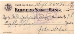 AMERİKAN  THE FARMERS STATE BANK OF HAMBERG NORTH DAKOTA 1913 CIRO FIRST STATE BANK JOHN SCHEER 1919 ÇOK CİROLU