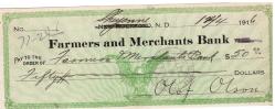 AMERİKAN  THE FARMERS AND MERCHANTS BANK CHEYENNE NORTH DAKOTA OLOF OLSON İMZALI 1914