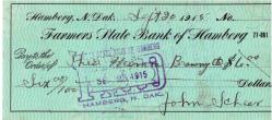 AMERİKAN FARMERS STATE BANK OF HAMBERG NORTH DAKOTA 1915 JOHN SCHEER