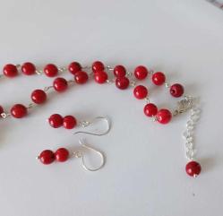 Vintage El Yapımı Kırmızı Mercan Gümüş Kaplama Kolye Küpe Set
