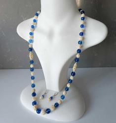 Antika Elde Oyma F.Dişi ve Mavi Peking Camı 925 Gümüş Kolye ve Küpe Set Çin