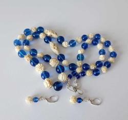 Antika Elde Oyma F.Dişi ve Mavi Peking Camı 925 Gümüş Kolye ve Küpe Set Çin