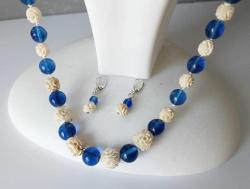 Antika Elde Oyma F.Dişi ve Mavi Peking Camı 925 Gümüş Kolye ve Küpe Set Çin