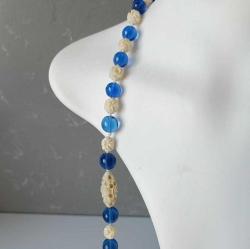 Antika Elde Oyma F.Dişi ve Mavi Peking Camı 925 Gümüş Kolye ve Küpe Set Çin