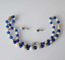 Antika Elde Oyma F.Dişi ve Mavi Peking Camı 925 Gümüş Kolye ve Küpe Set Çin