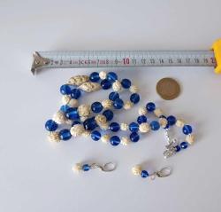 Antika Elde Oyma F.Dişi ve Mavi Peking Camı 925 Gümüş Kolye ve Küpe Set Çin