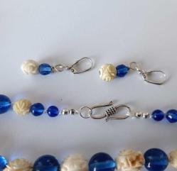 Antika Elde Oyma F.Dişi ve Mavi Peking Camı 925 Gümüş Kolye ve Küpe Set Çin