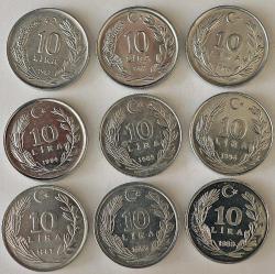 Türkiye Cumhuriyet 1981/1982/1983/1984/1985/1986/1987/1988/1989 10 Lira  1989 Sadece Darphane setinde Bulunur Nadir     6790