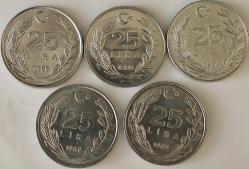 Türkiye Cumhuriyet 1985/1986/1987/1988/1989 Yılı 25 Lira 1989 Yılı Sadece Darphane Setinde Bulunur Nadir   6778