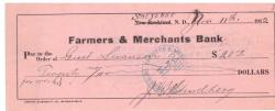 AMERİKAN FARMERS/MERCHANTS BANK NORTH DAKOTA 1912 LINDBERG SIGNATURE