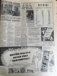 HÜRRİYET GAZETESİ  19 NİSAN 1965 YIL :17 SAYI :6093---Patrikhanede hudut dışına çıkarılabilir ----Liz i ikinci defa 5 yıl sonra gördüm ---Menfaatimiz Neyi icap ettiriyorsa o yapılacak ---Aleviler  ve Bektaşiler  : İlk defa İzmir de  Alenen Toplanarak Hayat Felsefelerini Açıkça İzah Ettiler ---Emekli Sandığı İflas Etmek Tehlikesi Geçiriyor ---Kıbrıslı Türklerin Aç Kalmasına Asla Müsaade Etmeyeceğiz ---Çorum Belediye Başkanı  Seks Partileri Tertiplemiş ---İstanbul a dün gökten kırmızı toz yağdı ---Tahliye edilen Zeki Şahin üç devir adlı bir kitap yazıyor ---Bir kadını çeşmeden su alırken  bıçakladılar ---Türkiye de ilk defa tatbik edilen Plak öncüleri listesinde : Necip  Mirkelamoğlu :Gül Ağacı Değilem ----Dünya Müslümanları birbirine  destek olacak ---Türkiye -Portekiz ---Vefa şampiyon oldu ---Vefa 58 senelik maziye sahip ---Portekiz  karşısında  ezilmeden  futbol oynayacağız ---500 milyonluk köy : Koyunlu --Azerbaycanlı Türk asıllı Üniversiteli paslanmayı önleyen bir madde  buldular --