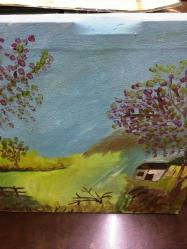 40 X 50 cm TUVAL ÜZERİNE SERBEST YAĞLIBOYA ÇALIŞMASI. DOĞA RESMİ. (Ağaçlar, akarsu, köy evi ve camii, çiftlik çitleri manzarası)