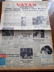 Vatan Gazetesi - 30 Mayıs 1954 - Başbakan Adnan Menderes Bugün Amerika'ya Gidiyor - Dost Kanada'dan Bize Büyük Yardımlar Başladı - Millk Tenasüt Kongresi Yapıldı - Traktör Fabrikasının Anlaşması İmzalandı - Nevşehir İl Oluyor - Yugoslavya Cumhurbaşkanı Tito Yunanistan'a Hareket Etti - Dünkü Bale Gösterisi Çok Başarılı Oldu - Denizde İsyan Yazan Herman Wouk Yazı Dizisi - 5. Bahar Bayramı Büyük Rağbet Görüyor - Turistlerde Irk Din Lisan Cinsiyet Farkı Aranmayacak - Papagos Kıbrıs'ı Tekrar İstedi - İngiltere Komünist Çin Ticaret Anlaşması - General Ali Fuat Cebesoy'un Siyasi Hatıraları Yazı Dizisi - 1954 Milletlerarası Paris Fuarı - Hap Devrine Hazırlık Mı - Osmanlı Tarihinden Sayfalar Recep Paşa'nın İdamı Yazan Feridun Fazıl Tülbentçi Yazı Dizisi - Bu Yerin Ötesinde Yazan Cronin Yazı Dizisi - Mevsim Balığı Kılıç - Ulubatlı Hasan'ın Şehit Düştüğü Yerde Konuşma Yapıldı - Johnson Deniz Motorları - Lüks Traş Bıçağı - Arı Unları - Good Year - Kızılcahamam Kaplıcaları