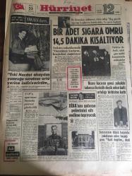 HÜRRİYET GAZETESİ 22 EKİM 1967 YIL :20 SAYI :6999--Bir adet sigara ömrü 14,5 dakika kısaltıyor --Eski Necdet Olsaydım Yumruğu Suratının Orta Yerine İndiriverirdim --Kızını kaçıran genci sokakta tabanca ile delik deşik eden katil  ortalığı birbirine kattı ---Şah a apartman boyunda portresi gönderildi --Diba nın şahane  pelerinini  altı nedime taşıyacak ---Filipinlerdeki  Tayfunda  175 kişi öldü ---Teyzesinin ölüsü başında yakalanan  asker kaçağı  genç  katil değilim dedi --Şahıs başına ayda 135 litre su  isabet ediyor ---Oto imalcileri kaz denemelerinde  ceset kullanmaya  başladı ---Fenerbahçe  zor kazandı : 2-1---Beşiktaş Favori ---Şekerspor :0 Bursaspor : 0 ---Göztepe Mersin i farklı yendi : 3-0---Türkiye ile Irak ,tabii gaz nakli konusunda  anlaştılar ---Rüya Görmeyen İnsan Hasta Oluyor --PTT ,Vefa yı 2-1 mağlup etti --Karagümrük  2-0 galip --