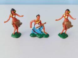 Vintage Hawaii Hula Kızları ve Ukulele çalan mini figürler Hong Kong 1960 lar El Boyama