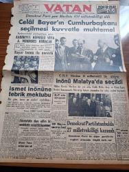 Vatan Gazetesi - 17 Mayıs 1950 - Demokrat Parti Yeni Mecliste 434 Milletvekilliği Aldı - Celal Bayar'ın Cumhurbaşkanı Seçilmesi Kuvvetli - Kabineyi Fuat Köprülü Veya Adnan Menderes Kuracak - İsmet İnönü Tebrik Mektubu - CHP Meclise 51 Milletvekili İle Giriyor - İsmet İnönü Malatya'da Seçildi - Demokrat Parti İstanbul'da 27 Milletvekilliği Kazandı - 19 Mayıs Merasimi - Diktatörlükle İdare Edilen Bir Memlekette Muhalefet Kazanamaz - Geçmişte Bugün Yazan Feridun Fazıl Tülbentçi Yazı Dizisi - Yirmibeşinci Saat Yazan C. Virgil Gheorghiu Yazı Dizisi - Bandırma Vapuru Dün Marmara'da Tecrübesi Yapıldı - Boğazı Geçecek Türk Yüzücüsü Şaban Aykut - Lütfi Kırdar İstanbul Belediye Reisi Olacağı Söyleniyor - Profesör Feyyaz Gürsan'ı Öldüren Mehmet Taşkesen İdam Talebi İle Ağırcezaya Verilecek - Seçimde Kazananlar Ve Kaybedenler -  Sunderland Muhtelite Dün 2 1 Galip Geldi - Turgay Şeren - Lefter Küçükandonyadis - Odeon Mağazaları - Çapamarka - Kalsiyum Ve Fosfatlı Tozfatin Zambo - Suzan Yakar Rutkay
