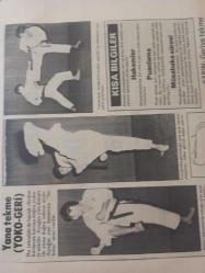 31 Ocak 1984 - Karate öğretiyoruz - Yana tekme (Yoko-Geri) - Bu teknikle de bacak dizden kırılarak karına doğru yukarı çekilir. Ayağın yan kenarı ile yana doğru tekme atılır. Ayağın yan kenarına ''sokuto'' ismi verilir - Gazete haberi - Tek Yaprak Arkalı Önlüdür
