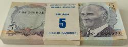 6.EMİSYON 5 TÜRK LİRASI 1 DESTE(100 ADET) ORİJİNAL KAĞIT PARA YARISI SIRALI YARISI DA SIRA ATLAMALI ÇİL