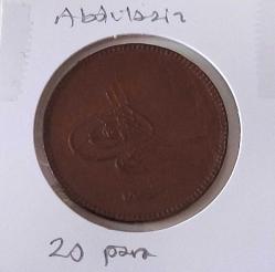 1277-4 SULTAN ABDÜLAZİZ BAKIR 20 PARA ORİJİNAL ÇİLALTI 2SS1RR NADİR