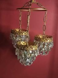 14637-MUHTEŞEM GÜZELLİKDE ANTİKA PİRİNÇ 3 LÜ SARKIT AVİZE