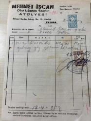 OTOMOBİL TAMİRAT FATURASI - 18 NİSAN 1953 - MEHMET İŞCAN - OTO LASTİK TAMİR ATÖLYESİ - SİRKECİ, İSTANBUL - AHMET ÇAYIROĞLU - ISLAK İMZALI, KAŞELİ DAMGA PULU - 18 x 24 cm EBATLI ORİJİNAL FATURA