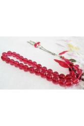 Işıltılı Nar Pembe Ateşi Sıkma Kehribar 33 Lük Tesbih......10mm