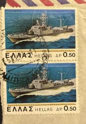 Yunanistan Pulu - Greece Stamp - Mektup Zarfından Kesilmiş / Postadan Geçmiş İkili Pul Filateli - DENİZ KUVVETLERİ, 0,50 PARA - YABANCI PULLAR