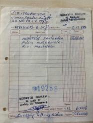 FİLM MALZEMELERİ FATURASI - 5 ARALIK 1987 -HÜSEYİN DURAN - 34 DAE 57 - BEYOĞLU, İSTANBUL - OSMAN F. SEDEN - BEYOĞLU, İSTANBUL - ISLAK İMZALI, KAŞELİ - 16 x 20 cm EBATLI ORİJİNAL FATURA