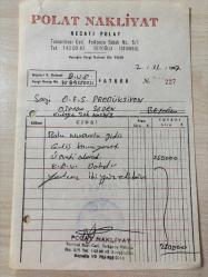 Efemera - NAKLİYE FATURASI - 2 EKİM 1987 - POLAT NAKLİYAT - NECATİ POLAT - BOLU - OSMAN F. SEDEN - BEYOĞLU, İSTANBUL - ISLAK İMZALI, KAŞELİ - 14 x 21 cm EBATLI ORİJİNAL FATURA - kitantik - kitaLog