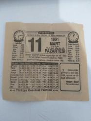 Efemera - TÜRKİYE GAZETESİ TAKVİMİ / 11 Mart 1991 Pazartesi TAKVİM YAPRAĞI - 11/10.5 cm. - kitantik - kitaLog