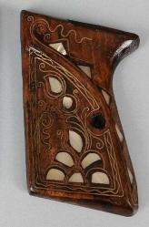 TABANCA KABZASI Doğal Ağaçtan El Yapımı, Pirinç ve Sedef Kakma, Üzeri Cilalı, Bir Çift, Tabanca Kabzası, 8 cm Uzunluğunda (Kullanılmamış)