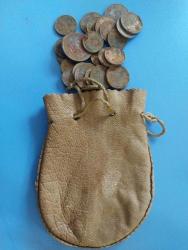 Kese,  Deri Para Kesesi,  İçinde Eski Avrupa Paraları İle Beraber.