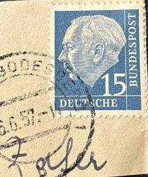 Almanya Pulu - Germany Stamp -  Mektup Zarfından Kesilmiş  / Postadan Geçmiş Pul Filateli - 6.6.1957 Damgalı - ALMAN PULU, 15 PARA - YABANCI PULLAR, NOSTALJİK DOĞUM GÜNÜ HEDİYESİ