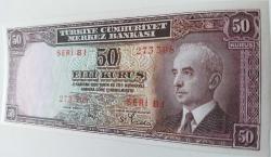 2.EMİSYON 50 KURUŞ İNÖNÜ BATAN GEMİ ORİJİNAL NATÜREL KAĞIT PARA SERİ AB1 273308 SERİ NUMARALI ÇİL ÇOK NADİR