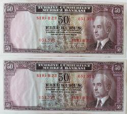 2.EMİSYON İNÖNÜ BATAN GEMİ RAKAM SIRALI 50 ELLİ KURUŞ ORİJİNAL KAĞIT PARALAR SERİ B23 051520-SERİ B23 051521 ÇİLALTI ÇOK NADİR