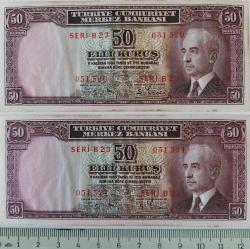 2.EMİSYON İNÖNÜ BATAN GEMİ RAKAM SIRALI 50 ELLİ KURUŞ ORİJİNAL KAĞIT PARALAR SERİ B23 051520-SERİ B23 051521 ÇİLALTI ÇOK NADİR