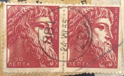 Yunanistan Pulu - Greek Stamp - Mektup Zarfından Kesilmiş  / Postadan Geçmiş İkili Pul Filateli - 24.VII. 1955 Damgalı - YUNAN PULU, 50 PARA - YABANCI PULLAR,  NOSTALJİK DOĞUM GÜNÜ HEDİYESİ