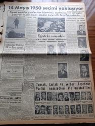 Vatan Gazetesi - 9 Mayıs 1950 - Maziye Karışmak Üzere Olan Bir Umacı Yazan Ahmet Emin Yalman Köşe Yazısı İşsizlik - Demokrat Parti'nin Seçim Beyannamesi - İsmet İnönü Dün Akşam Şehrimize Geldi - Demokrat Parti Başkanı Celal Bayar Dün Ankara'da Konuştu - Sadık Aldoğan Dün Yine Tevkif Edildi - Fuat Arna Tahliye Edildi - Erzurum Gençlik Teşekküllerinin Beyannamesi Komünistlik Beyannamesi -  Nazım Hikmet'in Annesi Ölüm Orucuna Başlıyor Fotoğraf - Halide Edip Adıvar İzmir'de Seçim Nutku Söyledi - Yirmibeşinci Saat Yazan C. Virgil Gheorghui Yazı Dizisi - 19 Mayıs Gençlik Bayramı - Helikopterin Tecrübesi Yapıldı - 14 Mayıs 1950 Seçimi Yaklaşıyor - Amerikalılar Beşiktaş Takımını Bekliyor - Radarla Çizilen Beyin Ve Kalbin Haritaları - Hikaye Bir Hesap Makinesi Yazan Michelle Maurois - Parker 51 Kalem - Üçüncü Dünya Harbi Ne Zaman Kopabilir - İstanbul Ankara Radyosu Programı - Kanuni Sultan Süleyman Yazan Feridun Fazıl Tülbentçi Yazı Dizisi - Taksim Belediye Gazinosunda Bale Kellenrok