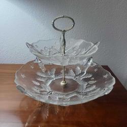 Antika Cam Sunum Tabağı,Cift Katlı,Büyük Boy