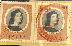 İtalya Pulu - Italy Stamp - Mektup Zarfından Kesilmiş  / Postadan Geçmiş İkili Pul Filateli - Damgalı - İTALYAN PULU RAFFAELLO, 50 PARA - YABANCI PULLAR - NOSTALJİK DOĞUM GÜNÜ HEDİYESİ