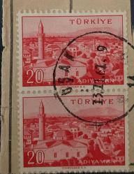 Mektup Zarfından Kesilmiş  / Postadan Geçmiş İkili Pul Filateli - 13.11.1961 Damgalı - ADIYAMAN, 20 PARA - Türkiye Cumhuriyeti - Turkish Stamp - NOSTALJİK DOĞUM GÜNÜ HEDİYESİ