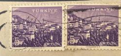 Mektup Zarfından Kesilmiş  / Postadan Geçmiş İkili Pul Filateli -  Damgalı - ARTVİN, 5 PARA - Türkiye Cumhuriyeti - Turkish Stamp - NOSTALJİK DOĞUM GÜNÜ HEDİYESİ