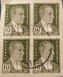 Mektup Zarfından Kesilmiş  / Postadan Geçmiş Dörtlü Pul Filateli - Damgalı - ATATÜRK , 110 KURUŞ - Türkiye Cumhuriyeti - Turkish Stamp - NOSTALJİK DOĞUM GÜNÜ HEDİYESİ