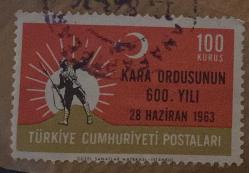 Mektup Zarfından Kesilmiş  / Postadan Geçmiş Pul Filateli - Damgalı -KARA ORDUSUNUN 600. YILI 28 HAZİRAN 1963 , 100 KURUŞ - Türkiye Cumhuriyeti - Turkish Stamp - NOSTALJİK DOĞUM GÜNÜ HEDİYESİ