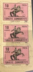 Mektup Zarfından Kesilmiş  / Postadan Geçmiş Üçlü Pul Filateli - Damgalı - ATLI ATATÜRK ANTAKYA, 10 KURUŞ - Türkiye Cumhuriyeti - Turkish Stamp - NOSTALJİK DOĞUM GÜNÜ HEDİYESİ