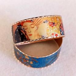 Bakır el işçilikli lüks bilezik -Gustav Klimt - The Kiss - Öpücük 1908