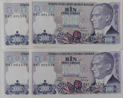 7.EMİSYON 2.TERTİP 1000 BİN TÜRK LİRASI SIRALI KAĞIT PARALAR H47001591-H47001592-IH47001593-H47001594 NADİR