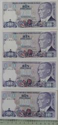7.EMİSYON 2.TERTİP 1000 BİN TÜRK LİRASI SIRALI KAĞIT PARALAR H47001591-H47001592-IH47001593-H47001594 NADİR